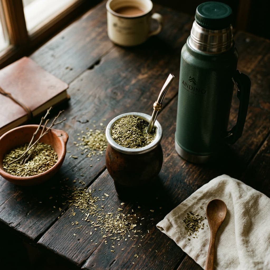 Mesa matera con termo, mate, bombilla y yerba